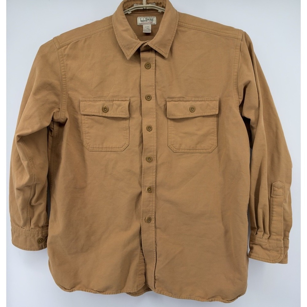 VTG LL Bean Traditional Fit Chamois Cloth Shirt Tan Front Pocket Long Sleeve LG